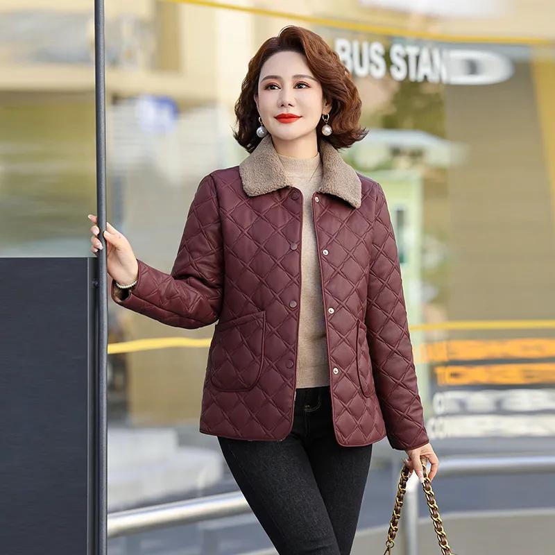 Mutter Winter PU Leder Steppjacke, Western-Stil Mode Steppjacke, Mittelalterliche und ältere Plus Samt Warme Steppjacke, Damen