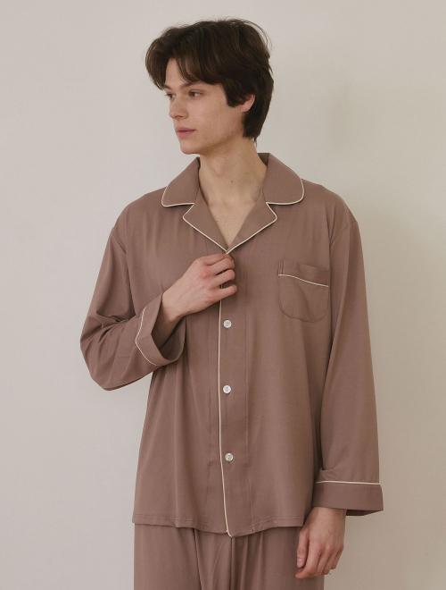 

[LUNALUZ STUDIO] Maybe Spandex Long Sleeve Collar Two-piece Pajamas [Shipped from Korea] 100% Authentic Brown