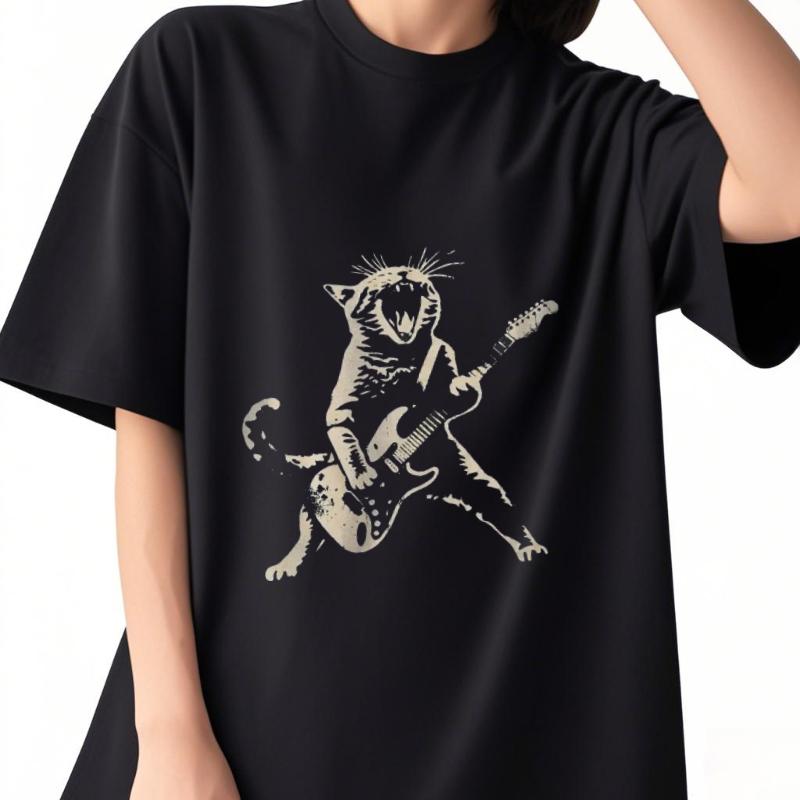 Rock Katze Gitarre spielend Print T-Shirt Lässiger und vielseitiger Stil Geeignet für den täglichen Gebrauch Sommer Oversize Shirt Baumwoll-Tees