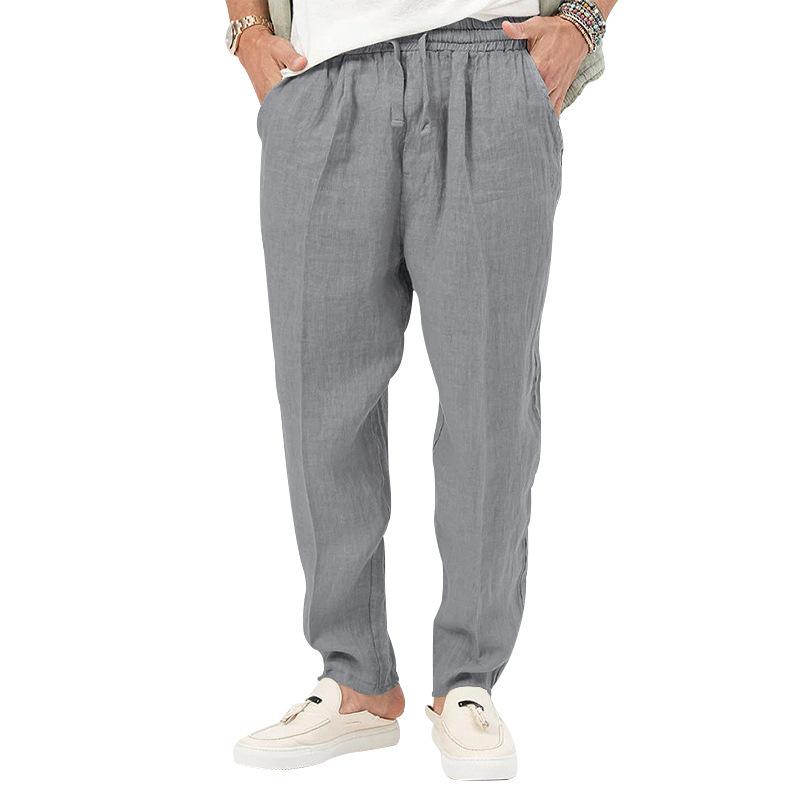 New Thin Section of Men's Fashion Large Size Solid Colour Leisure Drawstring Cotton Linen Trousers Breathable Trousers