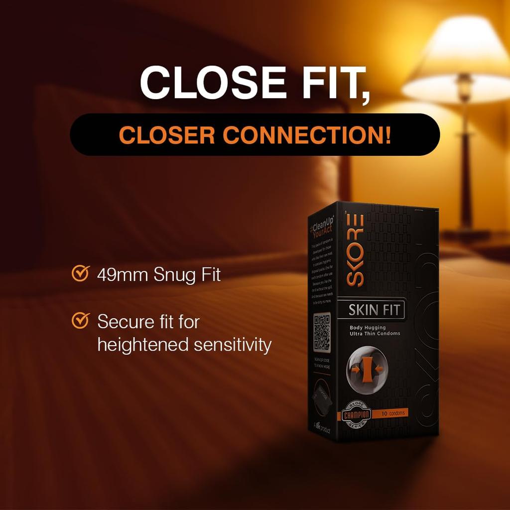 Skore Skin Fit Ultra Thin Latex Condoms 10 Pack 49mm Snug Fit Body Hugging Pre Lubricated Protection Barrier Use