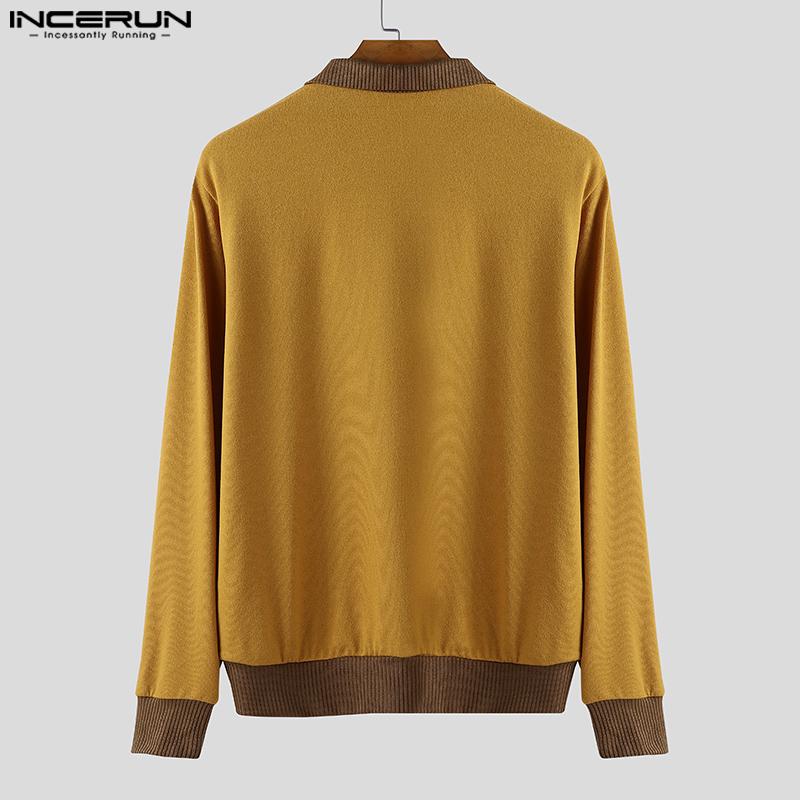 INCERUN Herbst Herren Reverskragen Langarm Rippen-Patchwork Lässige Lockere Pullover-Tops