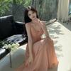Sweet and Sexy Neck Sling Dress, Summer Temperament, High-end Seaside Vacation Dress, Waist Pleated Skirt