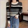 Herbst/Winter Damen Gestreifter Pullover Rundhals Lose Farbblock Pullover Pullover Kurzarm Strickoberteile