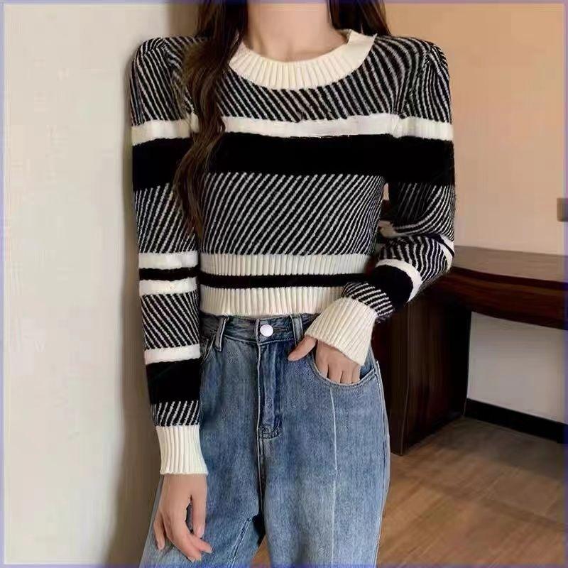 Autumn/Winter Women's Striped Sweater Round Neck Loose Color-block Pullover Sweater Short Sleeve Knitted Tops