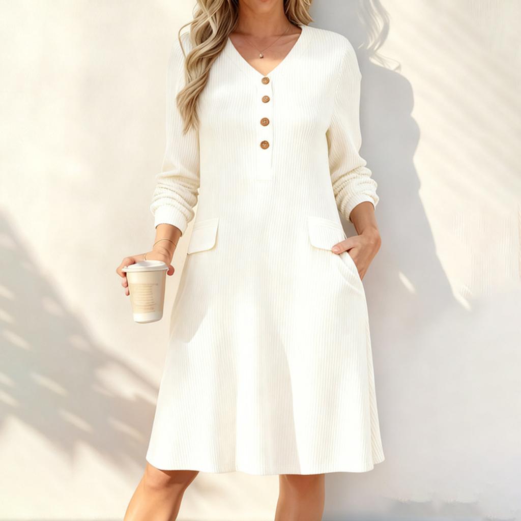 Women's Color V-Neck Long Sleeve Button Front Dress with Pockets Casual Elegant Wear