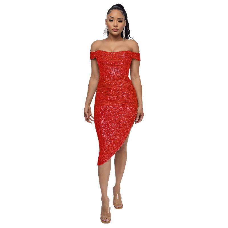 Women's Summer One-line Shoulder French Waist Dress Sequin Bag Hip Mid-length Dress