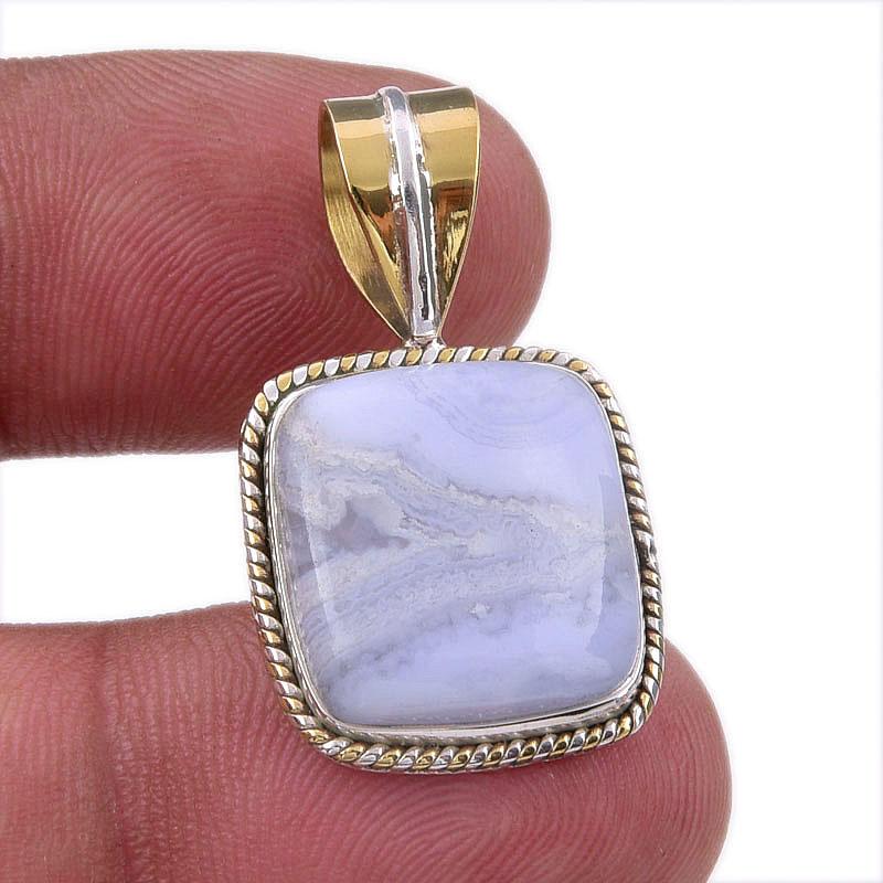 

Natural Blue Lace Agate 925 Solid Sterling Silver TwoTone Gift Pendant 1 Z6S66
