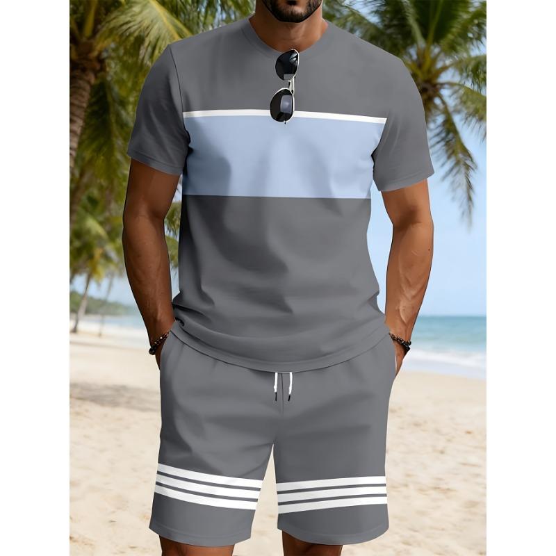Men s two-piece suit, casual sports suit, breathable summer home wear, short-sleeved shorts suit, daily casual wear S