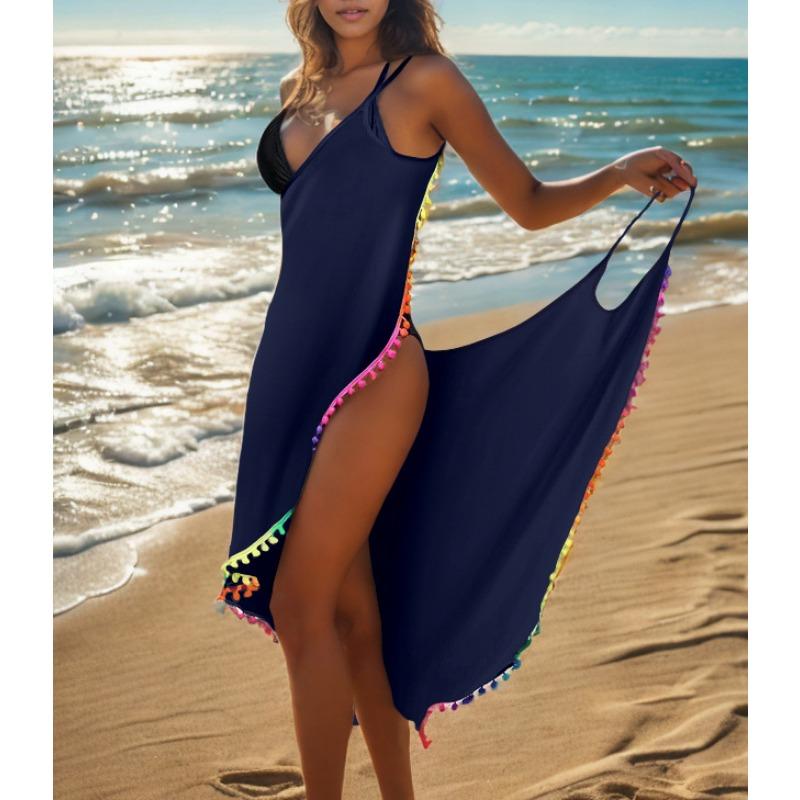 Women's Rainbow Pom Pom Trim Cover Up Dress Black Wrap Mermaid Beach Dress