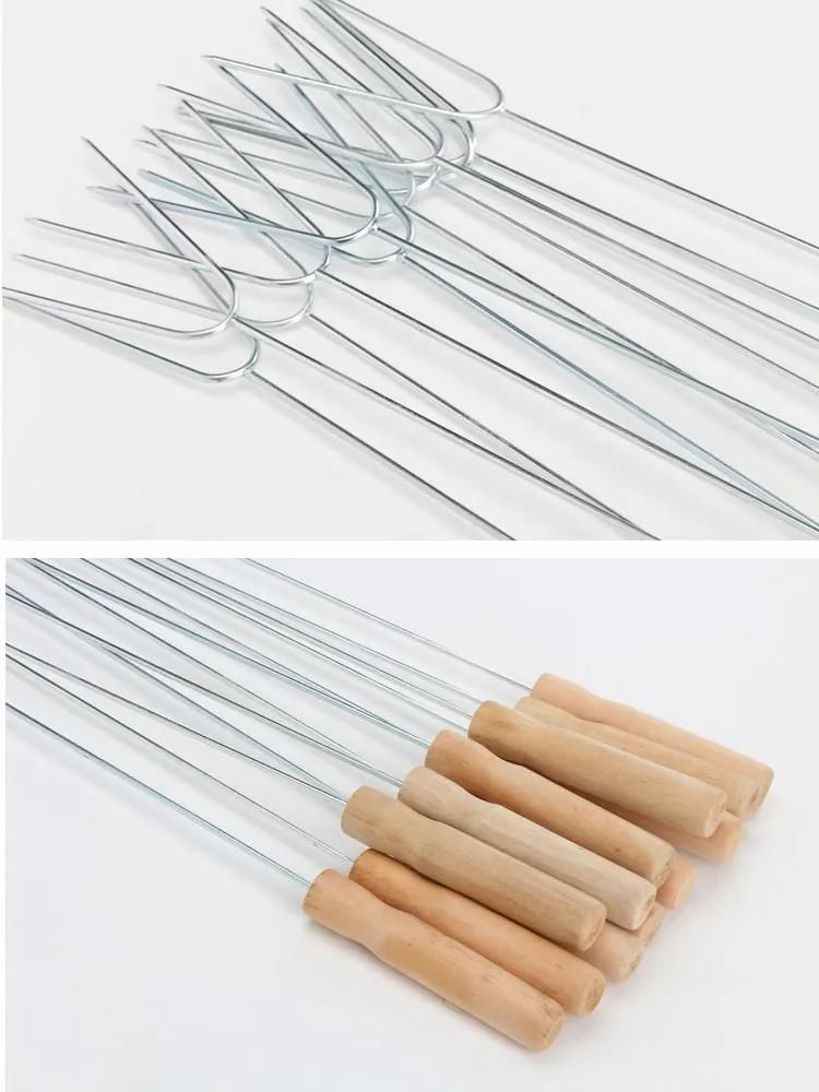 D2 5Pcs Barbecue BBQ Fork Needle Tools Accessories U Wooden Handle Ham Fork Camping Roasting Skewers Chicken Wings Forks Sticks