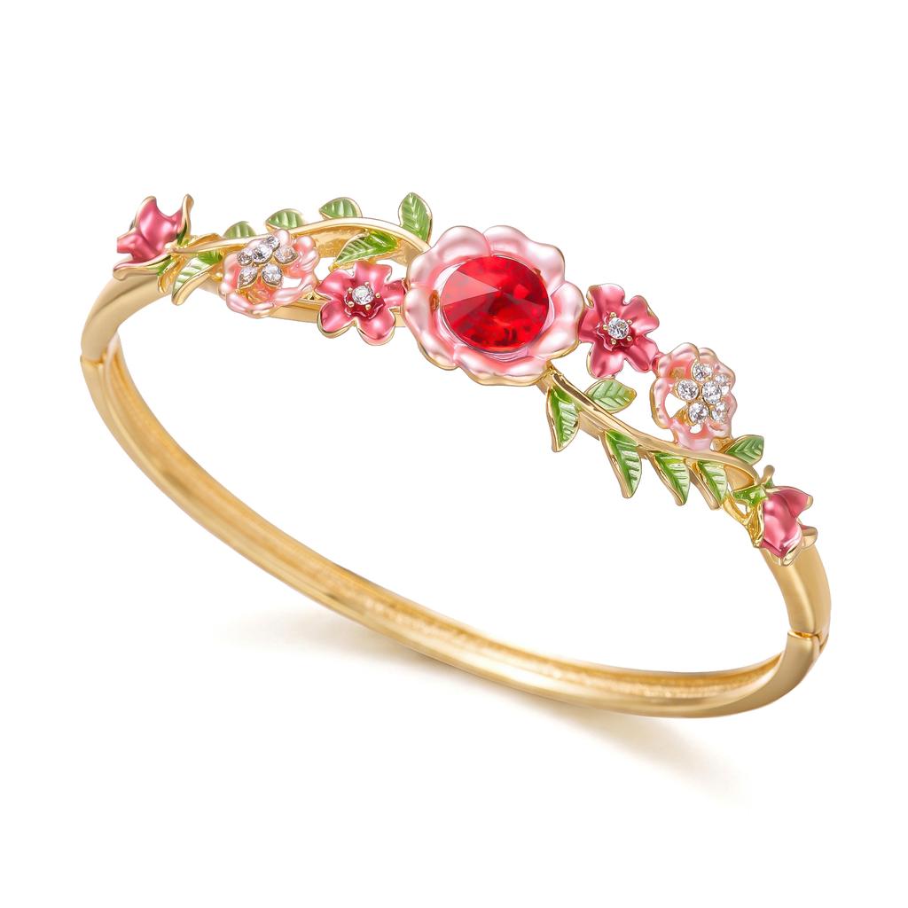 Elegant Flower Pattern Enamel Open Bracelet for Women Trendy Gold Plated Cloisonne Flowers Bangle Ring Charms Party Jewelry