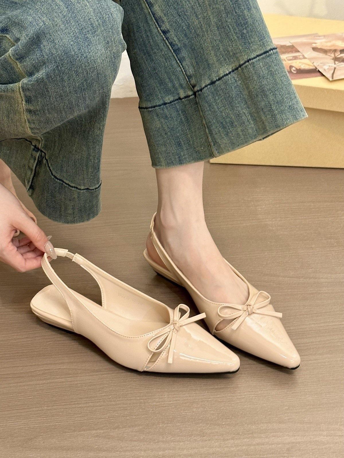 

Magnificent purple! Temperament patent leather pointed head hollow bow bag head empty sandals women s spring flat-soled single shoes 40 телесный