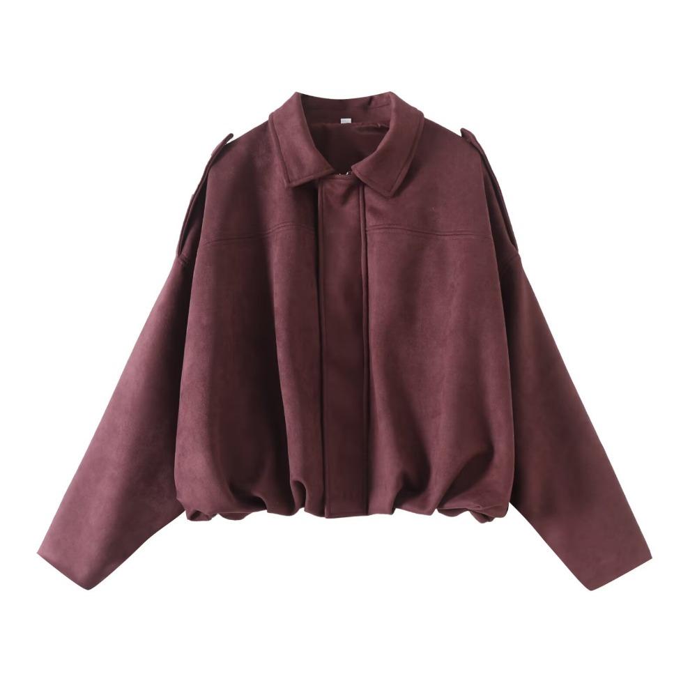 Women's Point Collar Long Sleeve Bomber Jacket Loose Fit Casual Suede Cropped Zip Up Outerwear Spring Fall Fashion Coat