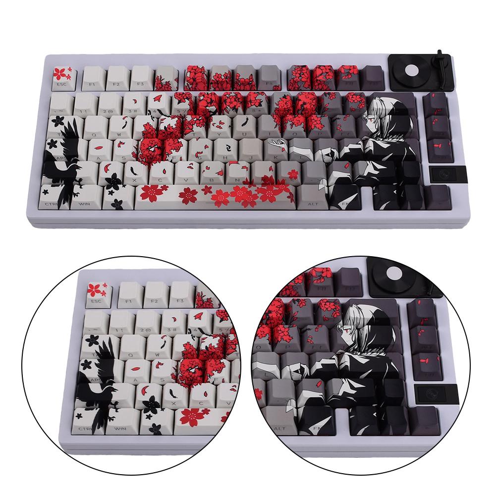 129 Key Raven Sakura Keycap Set Dye Sub Keycaps PBT Keycaps Therimal Sublimation Keycaps Anime Keycaps for Mechanical Keyboard