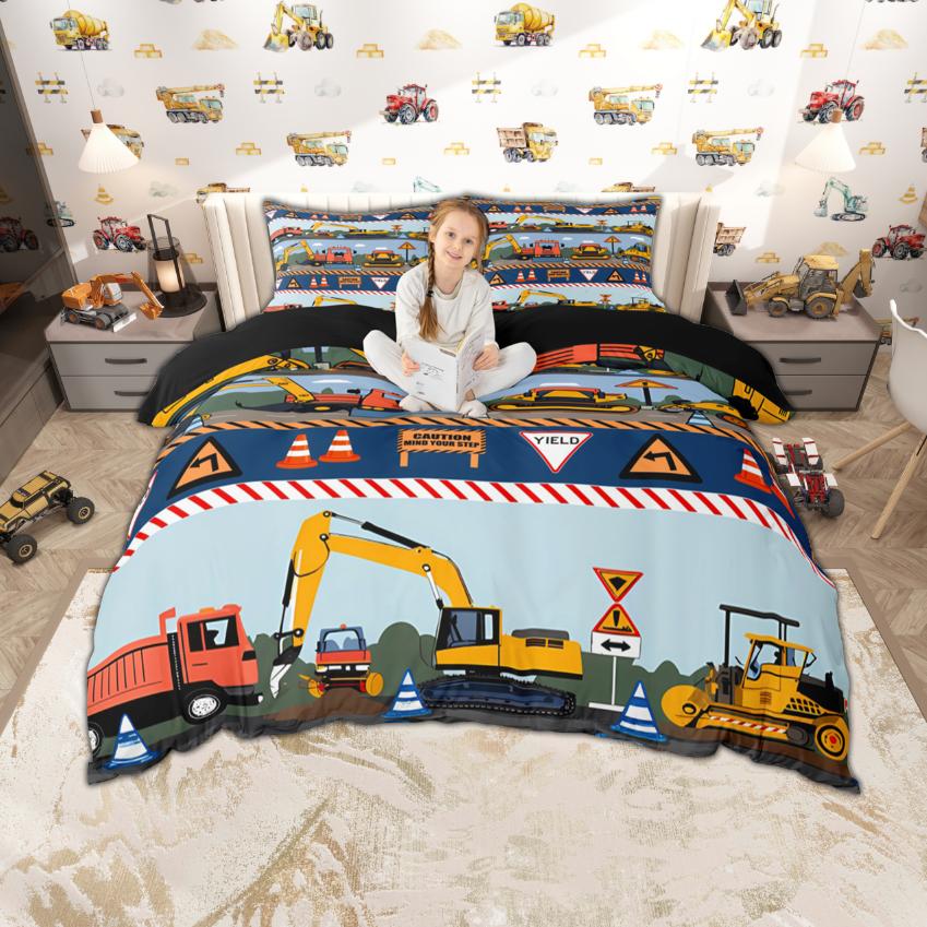 Homewish Zestaw poszewki na kołdrę dla dzieci z kreskówkowym samochodem 2 szt./3 szt., Urocza pościel z motywem pociągu, ciężarówki, traktora, Pościel z motywem transportu