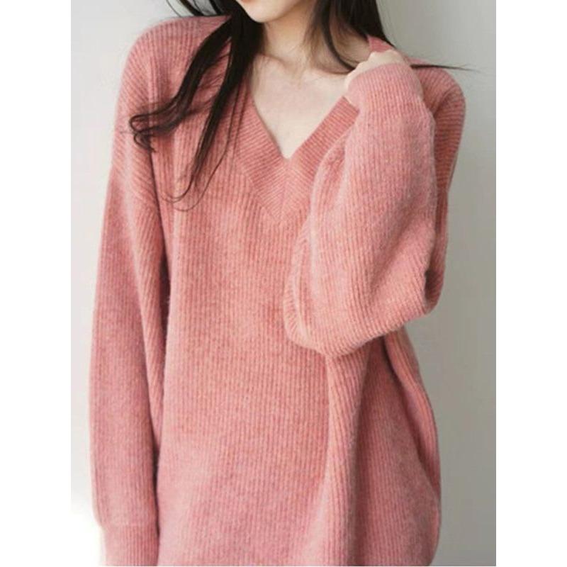 Loose and Lazy Wind V-neck Knitted Sweater Women's Autumn and Winter Thickened High-end Soft Waxy Sweater Bottoming Shirt Top