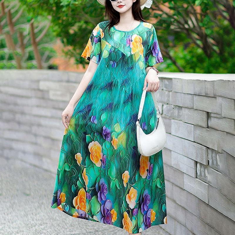 Summer Women's Plus Size Dress Loose Round Neck Floral Dress Soft Skin-friendly Breathable Long Dress