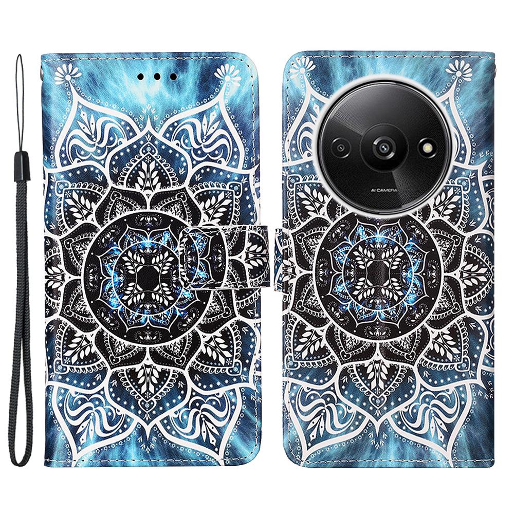 For Xiaomi Redmi A3/Poco C61 4G Leather Case with Strap and Card Holder Pattern Printing Phone Stand Cover