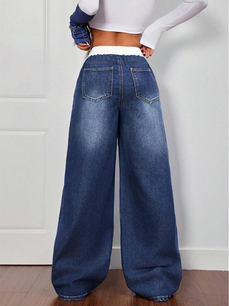 Women's Cross-border Wide-leg Denim Jeans with Elastic Drawstring Waistband