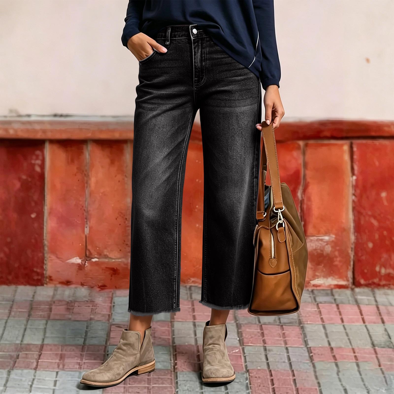 

Women s Classic High Waist Denim Jeans Wide Leg Cropped Pants Casual Straight Fit Stretch Fabric Comfortable Design L чорний