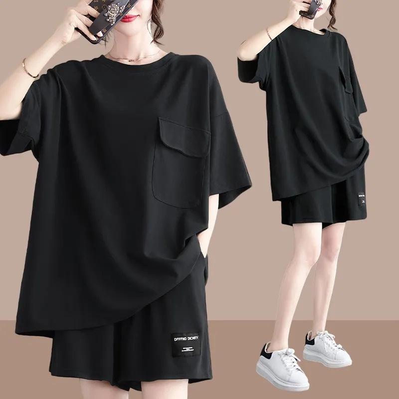 

Summer Casual Suit for Women, Loose Large Size, Slim, Fashionable, Versatile Short-sleeved Shorts Two-piece Set XXXXL чорний