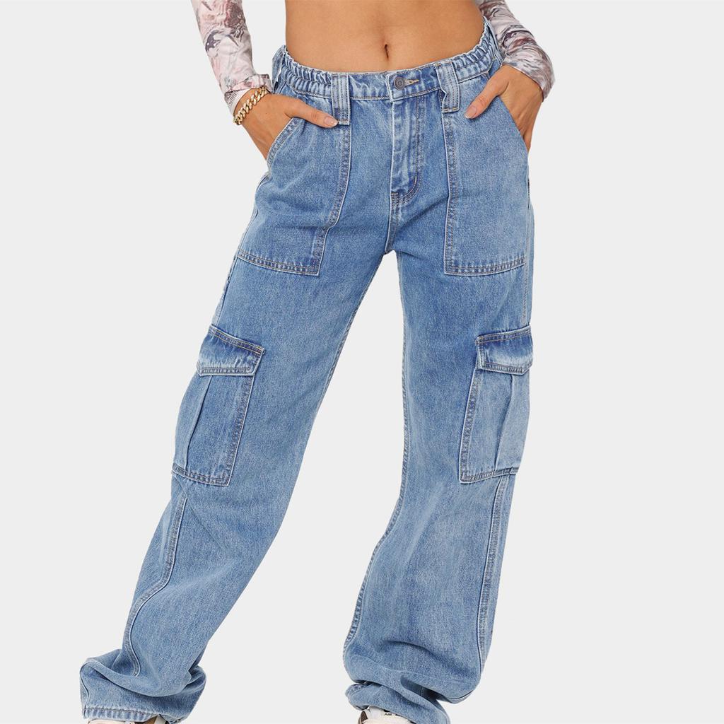 YYFS Pantalones y capris con estampado de color sólido informal de mezclilla a la moda para mujer