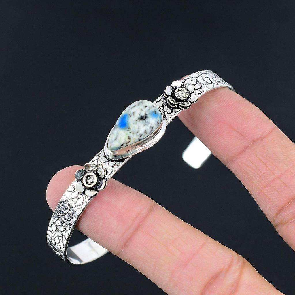 Mothers day Deal Pear K2 Jasper Stone Sterling Silver Flower New Bangle Bracelet