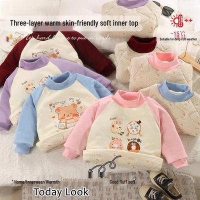 Children's Warm Cotton Cartoon Base Layer Top - Temperature-Sensitive, Half-High Collar Shirt for Baby Girls, Ideal for Autumn/Winter.