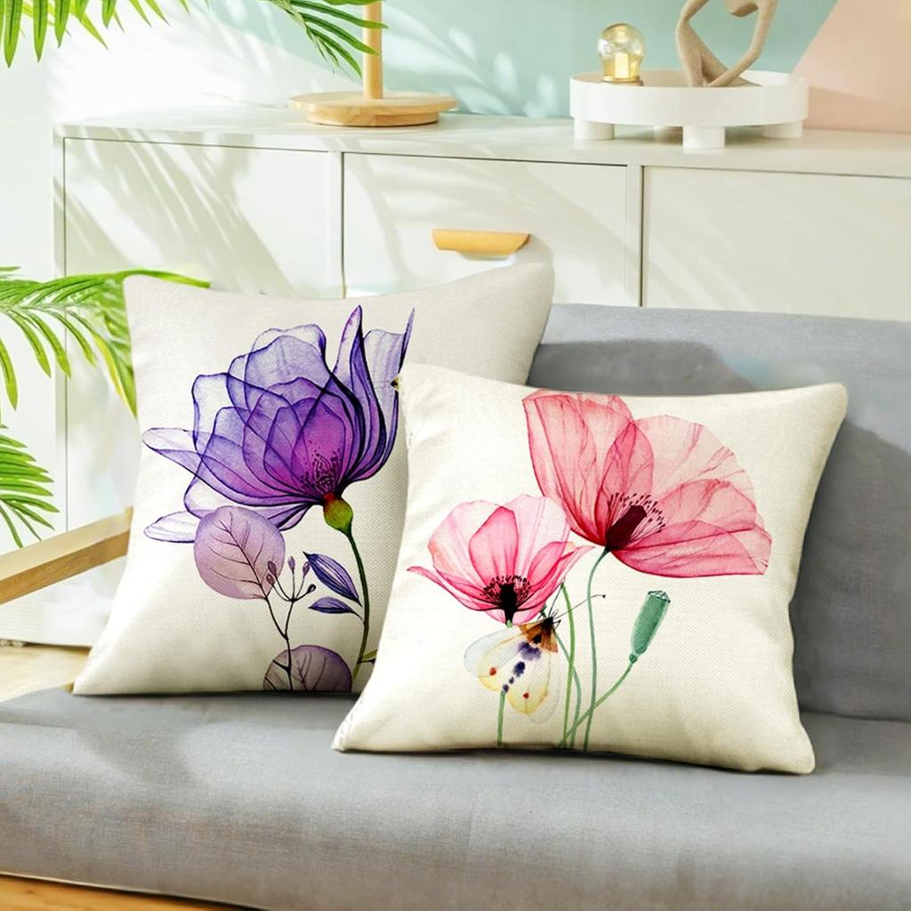 Flower Decorative Throw Pillow Covers 18x18 Inch Watercolor Floral Farmhouse Cushion Cover 4 Pcs Pink Yellow Purple Blue Tulip Pillow Case for Couch