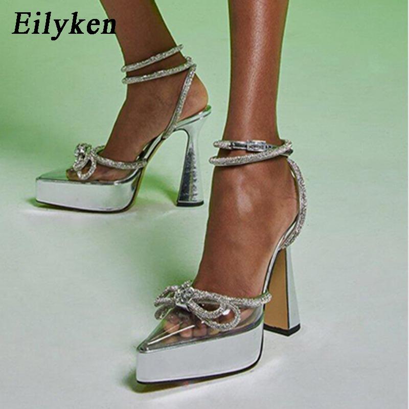 Fashion Eilyken PVC Transparent High Heels Women Pumps Fashion Butterfly-knot Crystal Pointed Toe Platform Chunky Party Prom Shoes
