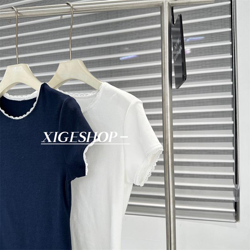 Navy Blue Lace Trim Slim Fit Korean Style Ribbed Stretch Tee, Straight Shoulder Summer T-Shirt
