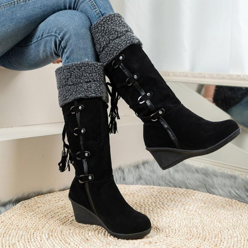 Mode Schneestiefel Damen Winterschuhe Warme Baumwollschuhe Kalter Winter Kniehohe Stiefel Damen Keilabsatz Stiefel Übergröße Sapatos Feminino