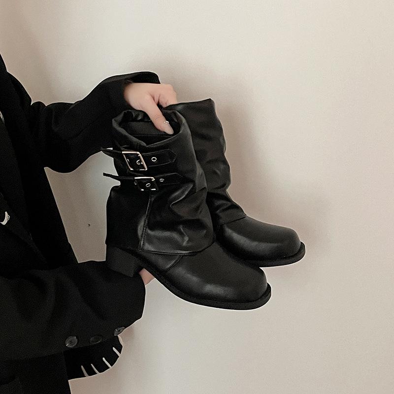 Fashion Versatile Pleated Square Head Thick Heel Martin Boots Women's Autumn and Winter New Belt Buckle Heightened and Thin Women's Boots