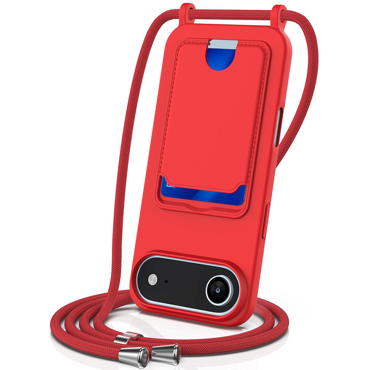 

For iPhone 17 Air Case Liquid Silicone Card Holder Back Phone Cover with Lanyard Red