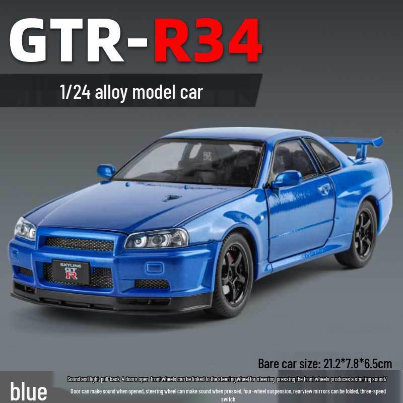 1:24 Alloy GTR R34 Model Car Toy with Sound, Light, Openable Doors, Four-Wheel Steering, and Pull-Back Action