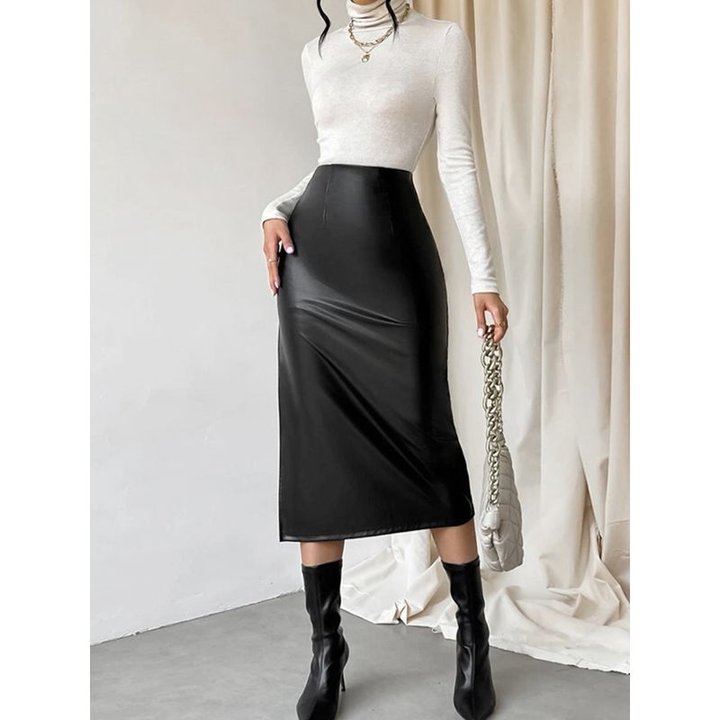 Fashion Matte Black Leather Sexy Skirt PU Leather Skirt Fall and Winter New Arrival Midi Dress for Women