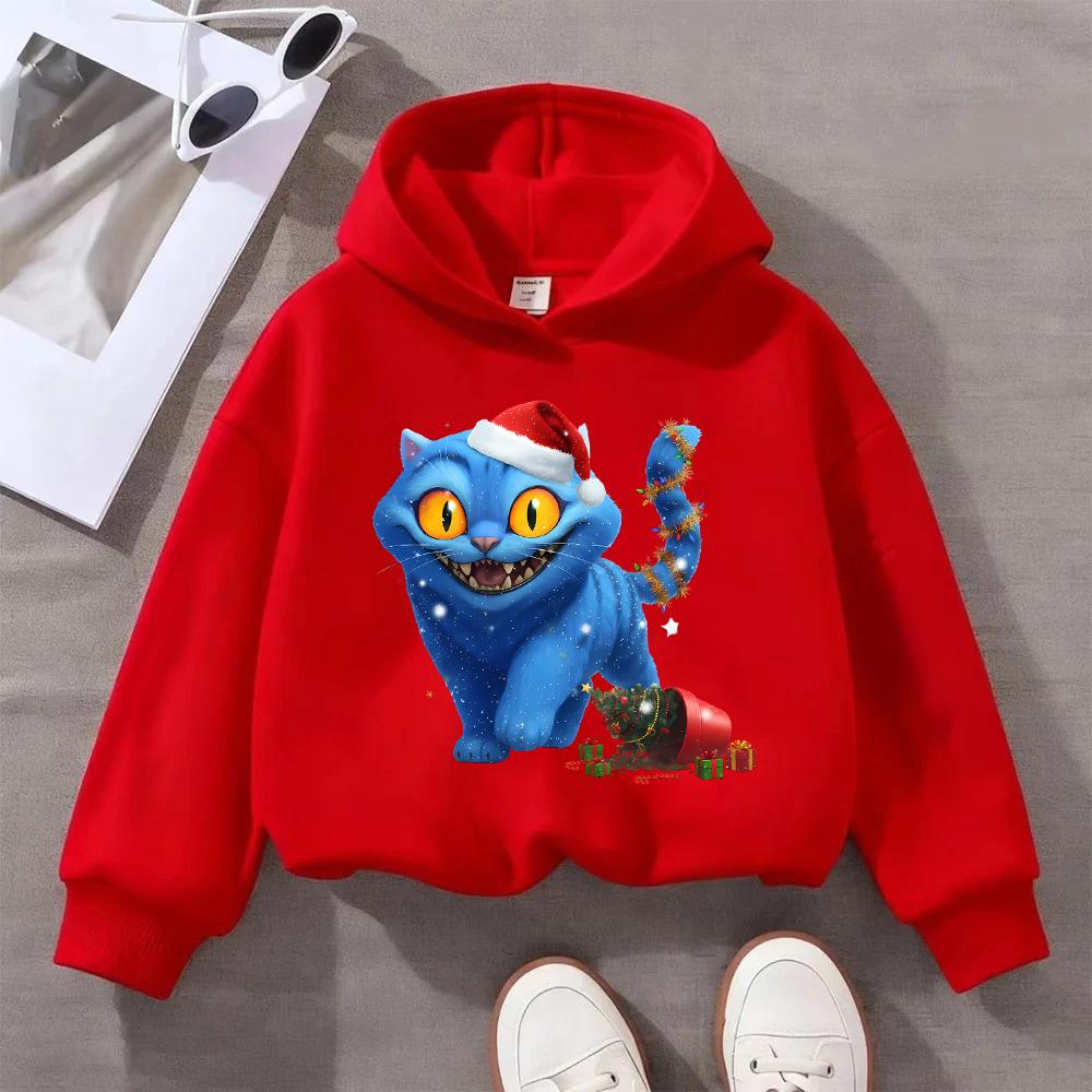 2025 New KPOP Christmas Blue Cat Printed Children's Sports Shirt Cute Children's Festival Hoodie