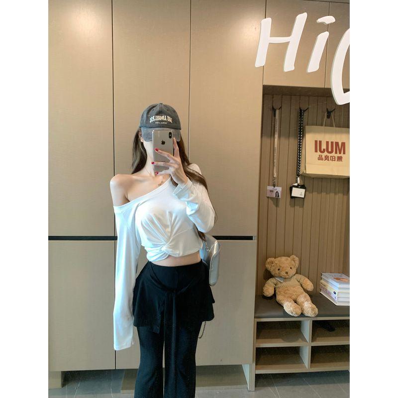 Kumikumi Pure Desire Style Set Sloping Shoulder Temperament Long sleeves Shirt Women Autumn Slim fit Slimming Bootcut Trousers Two-piece Set