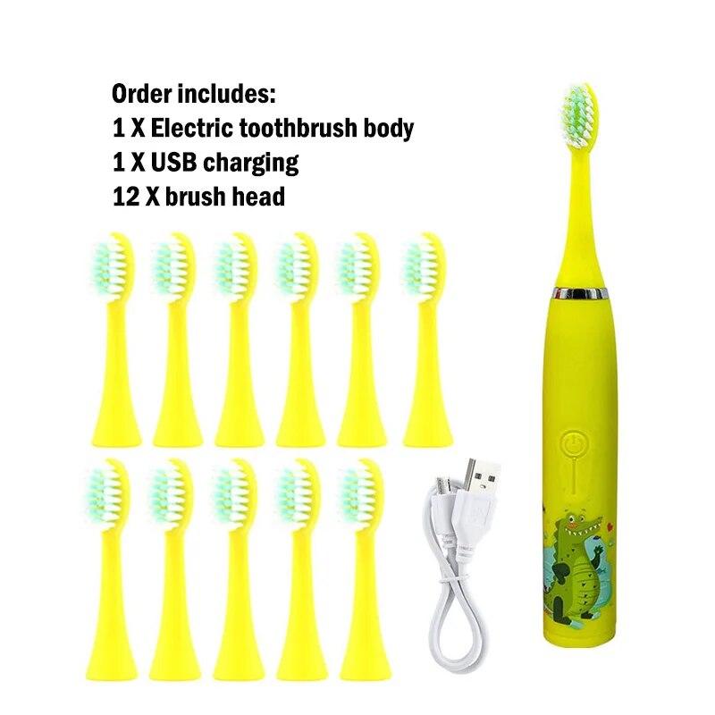 Children's Electric Toothbrush Colorful Cartoon With Replacement Heads Ultrasonic Rechargeable Soft Hair Cleaning Brush For Kids