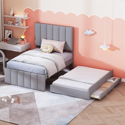 90x200cm Cotton Linen Fabric Storage Bed with Drawers Pull-out Bed Headboard Lines Design Strong Wood Slat Support Bed Home Furniture