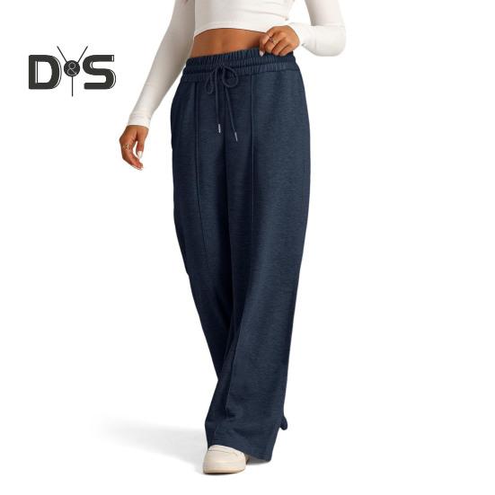 Damen Freizeithose, elastische hohe Taille, verstellbarer Kordelzug, gerade Hose mit weitem Bein und Taschen, einfarbig, lange Hose