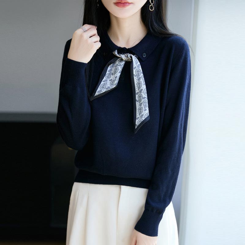 

Весенне-осенний новый трикотажный свитер с длинными рукавами, однотонный, свободного кроя, базовый топ для женщин с воротником поло и шелковым шарфом XL