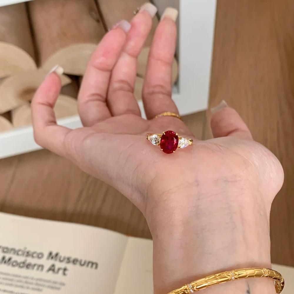 

Classic French Vintage Style Simulated Ruby Ring Gold Plated Diamond Wedding Band for Women Festive Red Jewelry Adjustable