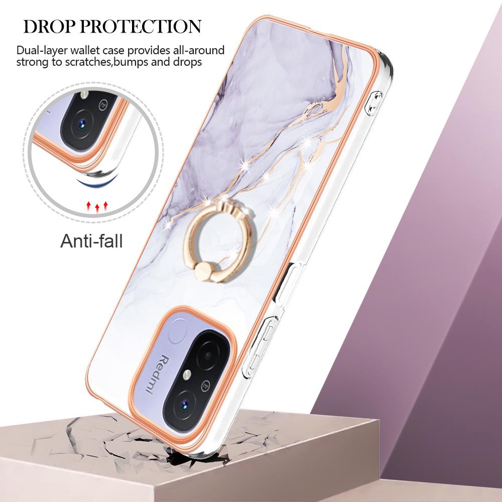 

For Xiaomi Redmi 12C 4G/11A 4G Case with Ring Kickstand Marble Pattern Electroplating TPU Back Cover White 006