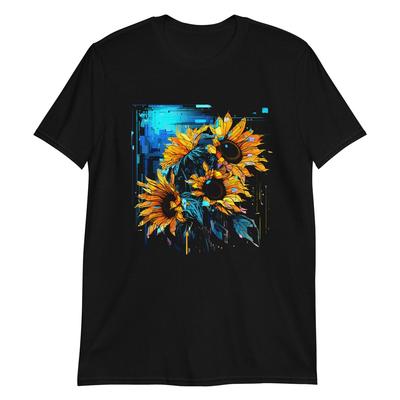 Digitale Sonnenblumen: Blaues Abstraktes T-Shirt