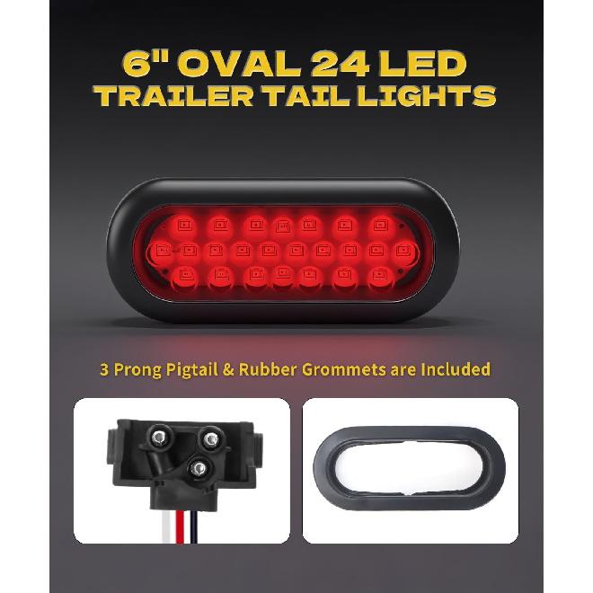 6" Red Oval 24 Led Trailer Tail Lights Waterproof Sealed 6 Inch Stop/Turn/Tail Light Boat Trailer Lights [DOT Certified], Include Grommets 3-Prong