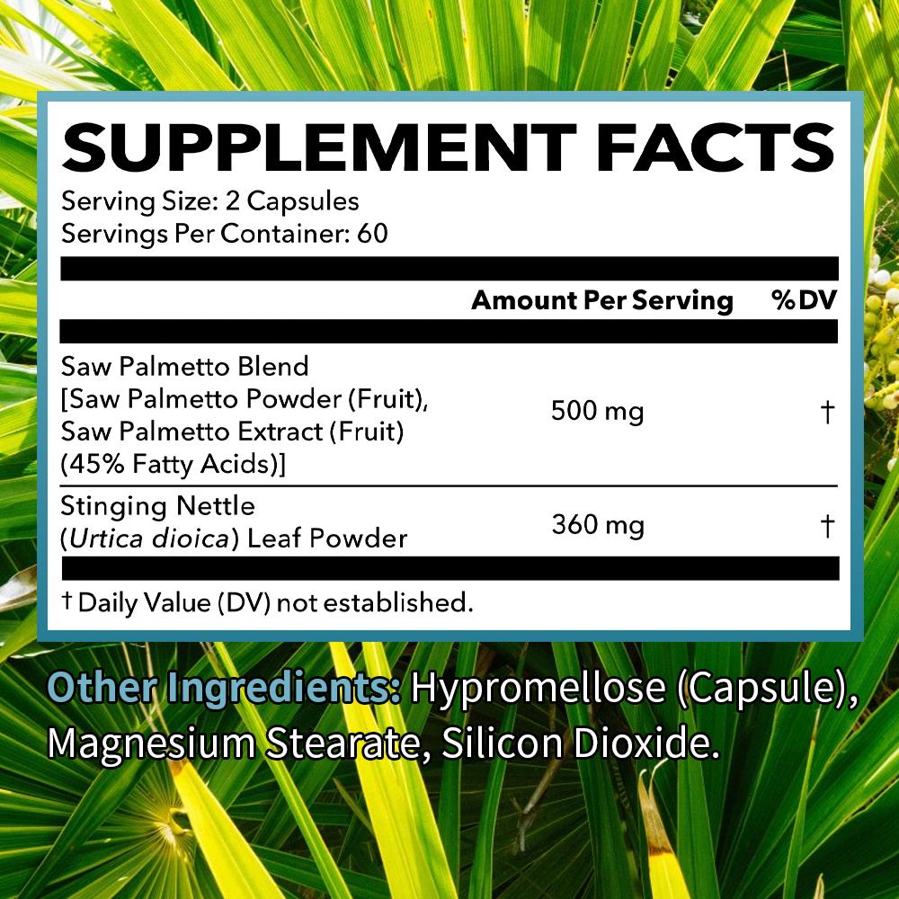 Saw Palmetto Capsules, 2X Herbal Blend Dietary Supplement For Men, 120 Capsules