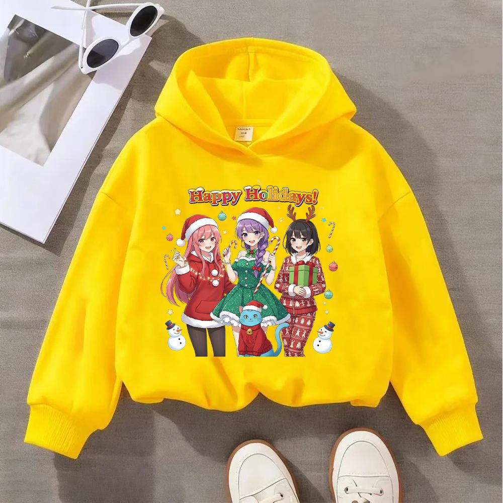 Festive Christmas Kids Hoodie with Adorable Anime Girls and Cute Cat Design for Season's Greetings