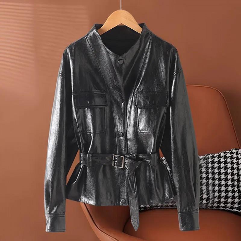 Giacca da Donna in Pelle di Agnello Collezione 2026 Vestibilità Slim Fit Collo a Lancia Stile Biker Cappotto Nero Rosso Caffè